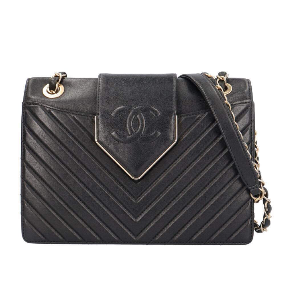 Chanel Color & Tie V-Stitch Shoulder Bag, Handbag, Leather, Black, Women's, C...